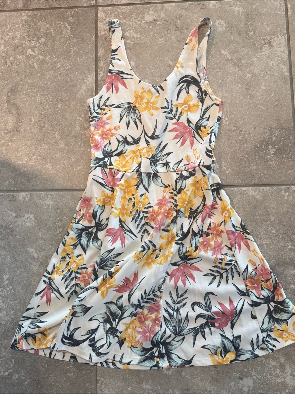 H&M White Floral Scoop-Neck Mini Dress with Yellow & Pink Blooms